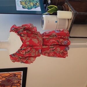 Wayf Red Blue Gray Floral Romper Ruffled